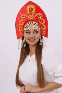 Русский народный кокошник «Анна» красный, высота 16 см